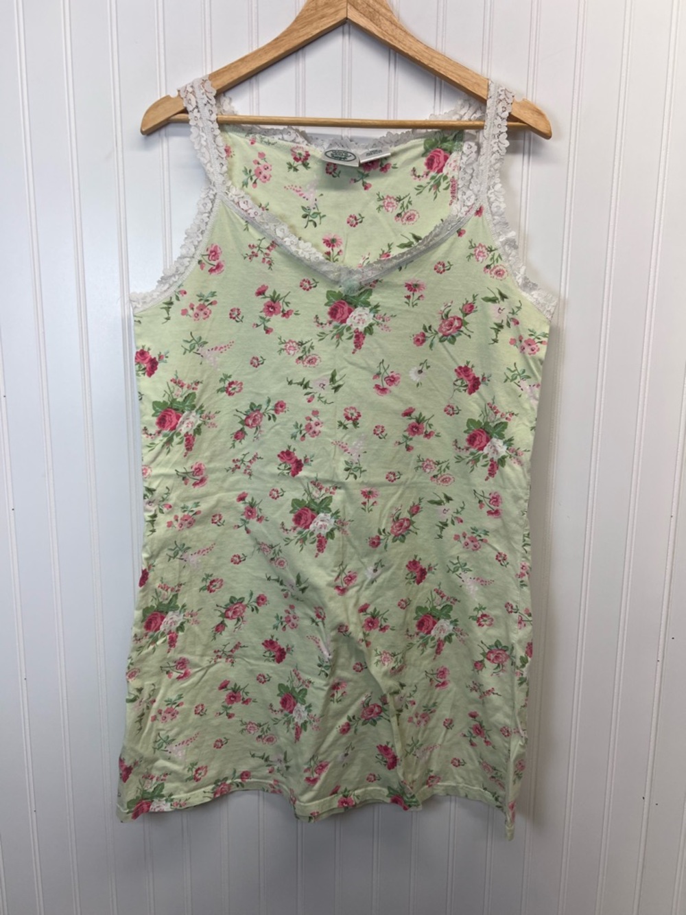 Vintage Laura Ashley 100% cotton Lace Trim Pink Floral Green Nightgown Sz L